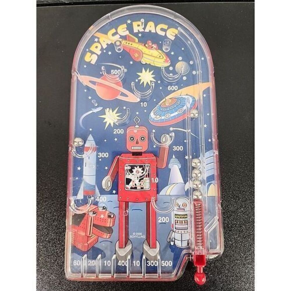 SCHYLLING Space Race Pinball Game Table Top Robot Metal Litho UFO Theme Toy 2006